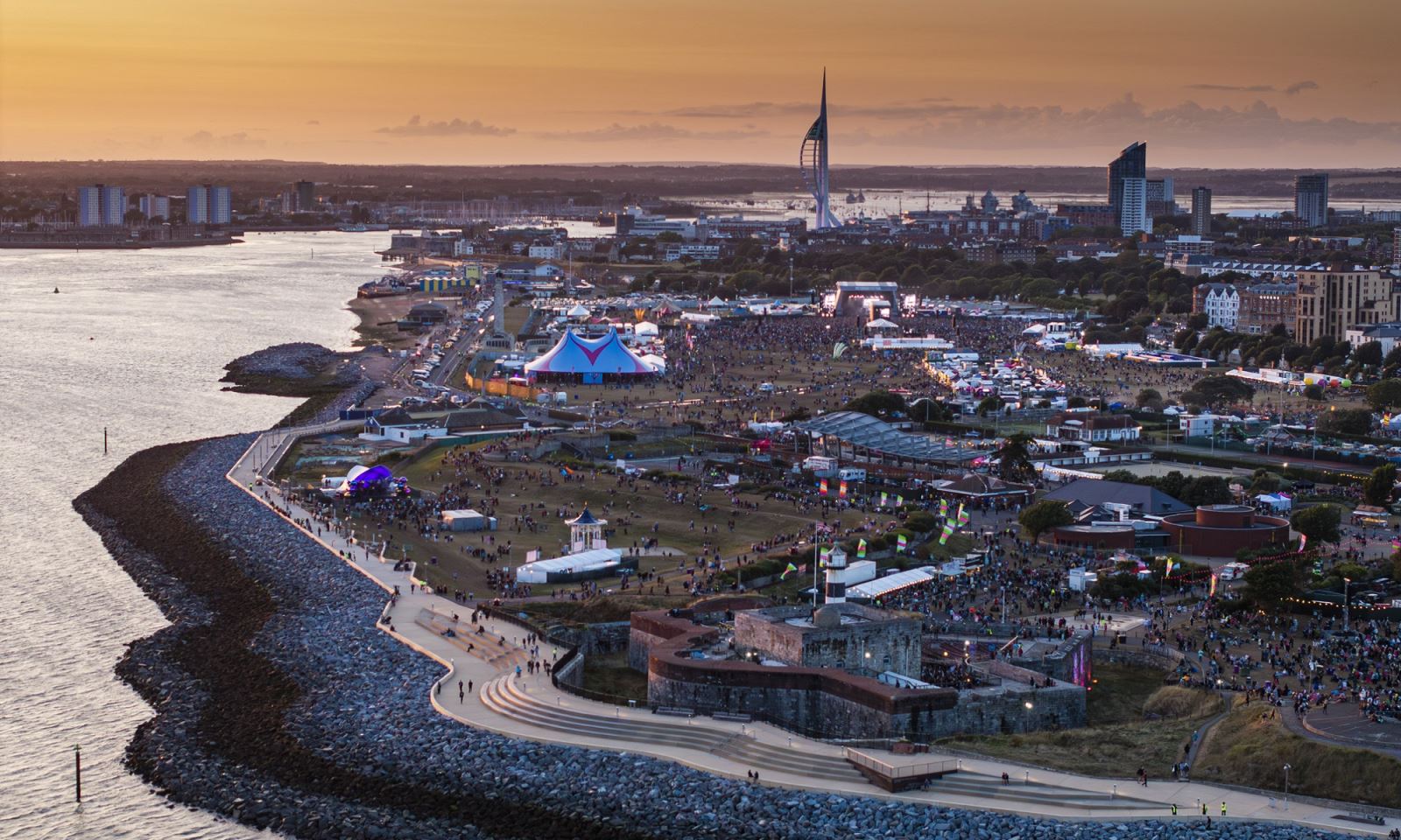 Drone shot of a dusky Victorious Festival site