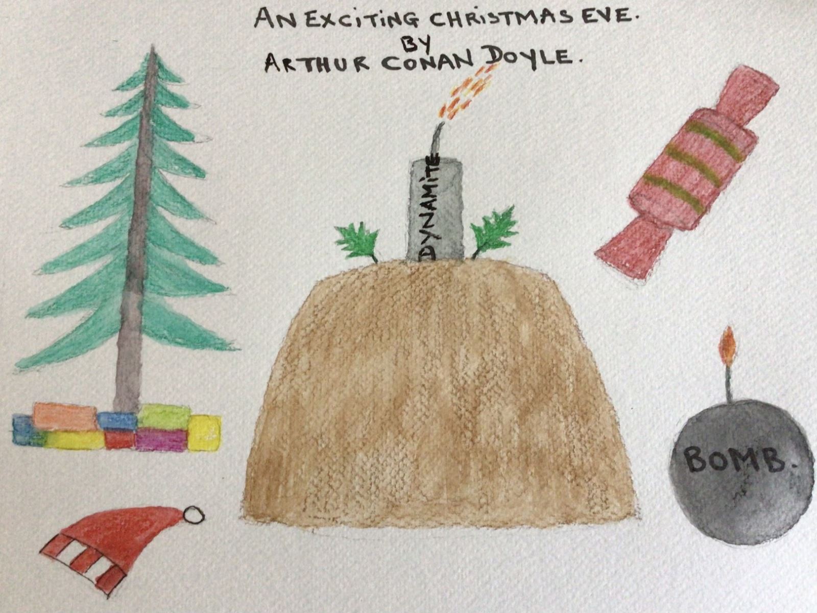 a drawing of a christmas pudding with a stick of dynamite as a candle