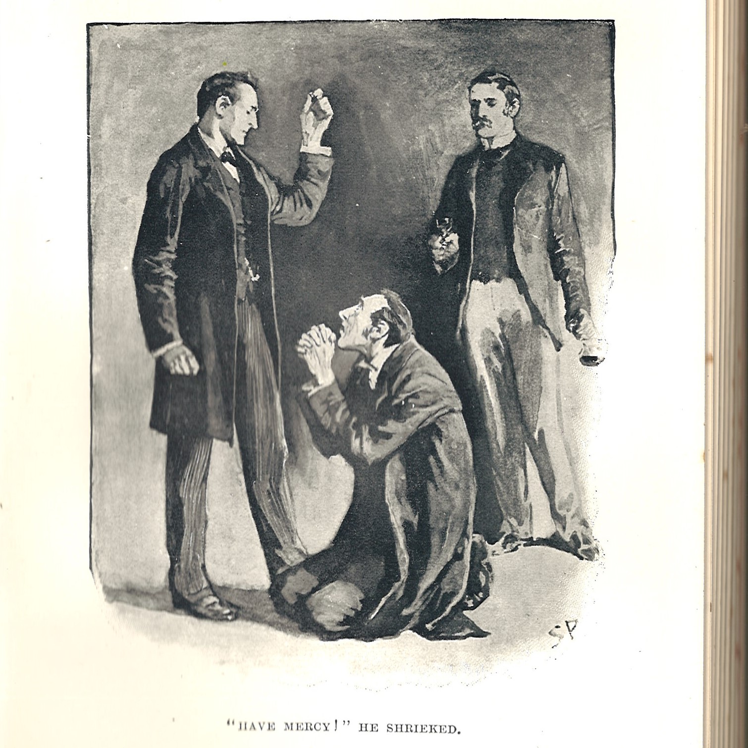 a man on his knees in front of two men pleading for mercy