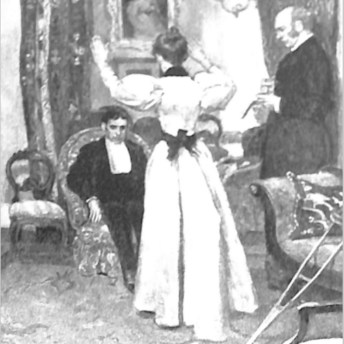 A man siting in an armchair looking towards a woman raising her hands up with another man looking on from the side.